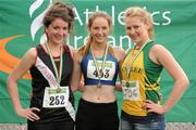 14 July 2012; Winner of the Girl's Under-19 3000m Steeplechase event Siobhan McGinley, Celtic D.C.H., Dublin, with second place Cliona Mulroy, Swinford A.C., Co. Mayo, left, and third place Eadaoin O'Reilly, Annalee A.C., Co. Cavan, right. Woodie’s DIY Juvenile Track and Field Championships of Ireland, Tullamore Harriers Stadium, Tullamore, Co. Offaly. Picture credit: Tomas Greally / SPORTSFILE