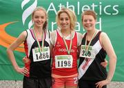 14 July 2012; Winner of the Girl's Under-18 2000m Steeplechase event Jessica Coyne, Doonen A.C., Co. Limerick, with second place Jessica Drohan, Shercock A.C., Co. Cavan, left, and third place Aoife McCann, Swinford A.C., Co. Mayo, right. Woodie’s DIY Juvenile Track and Field Championships of Ireland, Tullamore Harriers Stadium, Tullamore, Co. Offaly. Picture credit: Tomas Greally / SPORTSFILE