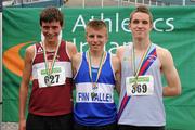 14 July 2012; Winner of the Boy's Under-18 3000m Steeplechase event Dalton McGuigan, Finn Valley A.C., Co. Donegal, with second place Patrick Fagan, Mullingar Harriers A.C., Co. Westmeath, left, and third place Andrew Cullen, D.S.D. A.C., Dublin, right. Woodie’s DIY Juvenile Track and Field Championships of Ireland, Tullamore Harriers Stadium, Tullamore, Co. Offaly. Picture credit: Tomas Greally / SPORTSFILE
