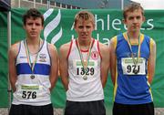 14 July 2012; Winner of the Boy's Under-16 High Jump event Ryan McTeer, Shimna College A.C., Co. Down, with second place Darragh Costigan, Dunboyne A.C., Co. Meath, left, and third place Dylan O'Sullivan, Spa Muckross A.C., Co. Kerry, right. Woodie’s DIY Juvenile Track and Field Championships of Ireland, Tullamore Harriers Stadium, Tullamore, Co. Offaly. Picture credit: Tomas Greally / SPORTSFILE