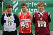 14 July 2012; Winner of the Boy's Under-14 Hammer event Brendan O'Donnell, Lifford A.C., Co. Donegal, with second place Ian Taylor, Dunboyne A.C., Co. Meath, left, and third place Ciaran O'Maoileoin, An Ghaeltacht A.C., Co. Kerry, right. Woodie’s DIY Juvenile Track and Field Championships of Ireland, Tullamore Harriers Stadium, Tullamore, Co. Offaly. Picture credit: Tomas Greally / SPORTSFILE