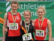 14 July 2012; Winner of the Girl's Under-17 Long Jump event Megan Coomber, Clonliffe Harriers A.C., Dublin, with second place Naomi Morgan, City of Derry A.C., left, and third place Aoibhinn McManus, City of Lisburn A.C., Co. Antrim, right. Woodie’s DIY Juvenile Track and Field Championships of Ireland, Tullamore Harriers Stadium, Tullamore, Co. Offaly. Picture credit: Tomas Greally / SPORTSFILE