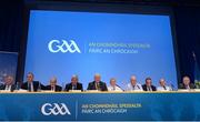 30 September 2017; The top table, from left, John Greene, GAA Trustee, Niall Erskine, GAA Trustee, Michael Hasson, Ulster GAA President, Jerry O'Sullivan, Munster GAA Chairman, Uachtarán Chumann Lúthchleas Gael Aogán Ó Fearghail, Ard Stiúrthóir Paráic Duffy, Uachtarán Tofa Chumann Lúthchleas Gael John Horan, Mick Rock, Connacht GAA President, Seán Hackett, Britain GAA President, and Jim Bolger, Leinster GAA Chairman, during a GAA Special Congress at Croke Park in Dublin. Photo by Piaras Ó Mídheach/Sportsfile