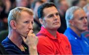 2 October 2017; Leinster head coach Leo Cullen, left, and Munster Director of Rugby Rassie Erasmus in attendance at the European Rugby Champions Cup and Challenge Cup 2017/18 season launch for PRO14 clubs at the Convention Centre in Dublin. Photo by Brendan Moran/Sportsfile