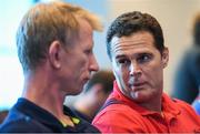 2 October 2017; Munster Director of Rugby Rassie Erasmus in conversation with Leinster head coach Leo Cullen at the European Rugby Champions Cup and Challenge Cup 2017/18 season launch for PRO14 clubs at the Convention Centre in Dublin. Photo by Brendan Moran/Sportsfile