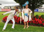 22 July 2012; Milliner Louis Mariette with winner of ladies day Sarah Hayes Kelly, from Ballyneety, Co. Limerick. Curragh Racecourse, the Curragh, Co. Kildare. Picture credit: Matt Browne / SPORTSFILE