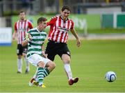 27 July 2012; Ronan Finn, Shamrock Rovers, in action against Ruaidhri Higgins, Derry City. Airtricity League Premier Division, Derry City v Shamrock Rovers, Brandywell, Derry. Picture credit: Oliver McVeigh / SPORTSFILE