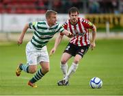 27 July 2012; Daryl Kavanagh, Shamrock Rovers, in action against Ryan McBride, Derry City. Airtricity League Premier Division, Derry City v Shamrock Rovers, Brandywell, Derry. Picture credit: Oliver McVeigh / SPORTSFILE