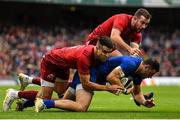 7 October 2017; Robbie Henshaw of Leinster is tackled by Conor Murray and JJ Hanrahan of Munster during the Guinness PRO14 Round 6 match between Leinster and Munster at the Aviva Stadium in Dublin. Photo by Brendan Moran/Sportsfile