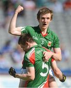 4 August 2012; Mayo players Sean Moran and Patrick Durcan, left, celebrate after the match. Electric Ireland GAA Football All-Ireland Minor Championship Quarter-Final, Mayo v Tipperary, Croke Park, Dublin. Picture credit: Brian Lawlesss / SPORTSFILE