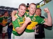 28 September 1997; Brothers Mike, left, and Kerry captain Liam Hassett celebrate after GAA Football All-Ireland Senior Championship Final match between Kerry and Mayo at Croke Park in Dublin. Photo by Brendan Moran/Sportsfile