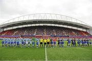 5 August 2012; Players, mascots and match officials line up before the game. Soccer Friendly, Limerick FC v Manchester City, Thomond Park, Limerick. Picture credit: Diarmuid Greene / SPORTSFILE
