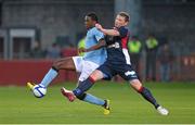 5 August 2012; Dedryck Boyata, Manchester City, in action against Denis Behan, Limerick FC. Soccer Friendly, Limerick FC v Manchester City, Thomond Park, Limerick. Picture credit: Diarmuid Greene / SPORTSFILE