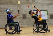 14 October 2017; Sultan Kakar of Munster, left, in action against Peadar Heffron of Ulster, right, during the M. Donnelly GAA Wheelchair Hurling All-Ireland Finals at Knocknarea Arena, I.T Sligo in Sligo. Photo by Seb Daly/Sportsfile