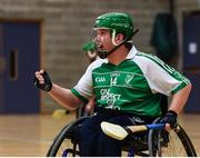 14 October 2017; Louie Cleary of Leinster celebrates after scoring his side's first goal against Munster during the M. Donnelly GAA Wheelchair Hurling All-Ireland Finals at Knocknarea Arena, I.T Sligo in Sligo. Photo by Seb Daly/Sportsfile