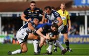 14 October 2017; Barry Daly of Leinster is tackled by Ruan Pienaar, left, and Bismarck Du Plessis of Montpellier during the European Rugby Champions Cup Pool 3 Round 1 match between Leinster and Montpellier at the RDS Arena in Dublin. Photo by Ramsey Cardy/Sportsfile