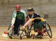 14 October 2017; Lorcan Madden of Leinster, left, in action against Peter Lewis of Ulster during the M. Donnelly GAA Wheelchair Hurling All-Ireland Final at Knocknarea Arena, I.T Sligo in Sligo. Photo by Seb Daly/Sportsfile