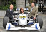 8 August 2012; Model Daniella Moyles with President of Motorsport Ireland Joe Corcoran, right, and Chief Executive of Motorsport Ireland Alex Sinclair in attendance at the launch of the Phoenix Park Motor Races. Motorsport Ireland, Dawson Street, Dublin. Picture credit: Barry Cregg / SPORTSFILE