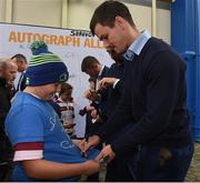14 October 2017; Leinster player Johnny Sexton with Leinster supporter Michael Ryan from Hacketstown Co. Carlow in Autograph Ally, ahead of the European Rugby Champions Cup Pool 3 Round 1 match between Leinster and Montpellier at the RDS Arena in Dublin. Photo by Matt Browne/Sportsfile