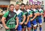 8 August 2012; Connacht players, from left to right, Jason Harris Wright, Brett Wilkinson, Ronan Loughney, Eoghan Grace, Eoin McKeon, TJ Anderson, Mick Kearney, and Dave Gannon, at the launch of the Connacht Rugby 2012/13 jersey. Shop Street, Galway. Picture credit: Diarmuid Greene / SPORTSFILE