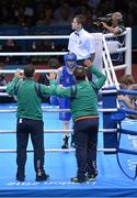 10 August 2012; Paddy Barnes, Ireland, walks back to his corner where Team Ireland boxing head coach Billy Walsh and Team Ireland boxing technical & tactical head coach Zaur Anita, right, wait to congratulate him after his men's light fly 49kg semi-final contest against Shiming Zou, China. London 2012 Olympic Games, Boxing, South Arena 2, ExCeL Arena, Royal Victoria Dock, London, England. Picture credit: Stephen McCarthy / SPORTSFILE