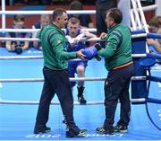 10 August 2012; Paddy Barnes, Ireland, with Team Ireland boxing head coach Billy Walsh and Team Ireland boxing technical & tactical head coach Zaur Anita, right, after his men's light fly 49kg semi-final contest against Shiming Zou, China. London 2012 Olympic Games, Boxing, South Arena 2, ExCeL Arena, Royal Victoria Dock, London, England. Picture credit: Stephen McCarthy / SPORTSFILE