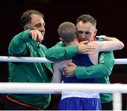 10 August 2012; Paddy Barnes, Ireland, is consoled by Team Ireland boxing head coach Billy Walsh, right, and Team Ireland boxing technical & tactical head coach Zaur Anita, after his defeat to Shiming Zou, China, in their men's light fly 49kg semi-final contest. London 2012 Olympic Games, Boxing, South Arena 2, ExCeL Arena, Royal Victoria Dock, London, England. Picture credit: David Maher / SPORTSFILE