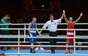 10 August 2012; A dejected Paddy Barnes, Ireland, and head coach Billy Walsh, after Shiming Zou, China, is declared the winner in their men's light fly 49kg semi-final contest. London 2012 Olympic Games, Boxing, South Arena 2, ExCeL Arena, Royal Victoria Dock, London, England. Picture credit: David Maher / SPORTSFILE