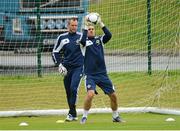 13 August 2012; Northern Ireland's Lee Camp, front, and Alan McMannus in action during squad training ahead of their side's Vauxhall international challenge match against Finland on Wednesday. Northern Ireland Squad Training, Queen’s University, Belfast, Co. Antrim. Picture credit: Oliver McVeigh / SPORTSFILE