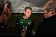 13 August 2012; Republic of Ireland's Simon Cox speaking to the media during a media briefing ahead of their side's international friendly against Serbia on Wednesday. Republic of Ireland Press Conference, Gannon Park, Malahide, Dublin. Photo by Sportsfile