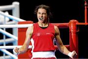 6 August 2012; Katie Taylor, Ireland, celebrates her victory over Natasha Jonas, Great Britain, after their women's light 60kg quarter-final contest. London 2012 Olympic Games, Boxing, South Arena 2, ExCeL Arena, Royal Victoria Dock, London, England. Picture credit: David Maher / SPORTSFILE