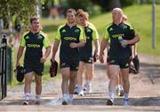 14 August 2012; Munster players, from left to right, JJ Hanrahan, Brian Hayes and Paul O'Connell arrive for squad training ahead of their pre-season friendly against Bristol on Friday. Munster Rugby Squad Training, Cork Institute of Technology, Bishopstown, Cork. Picture credit: Diarmuid Greene / SPORTSFILE