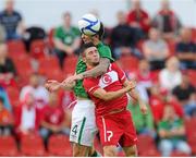 14 August 2012; Shane Duffy, Republic of Ireland, in action against Omer Bayram, Turkey. UEFA European Under-21 Championship Qualifier, Group 7, Republic of Ireland v Turkey, Showgrounds, Sligo. Picture credit: Pat Murphy / SPORTSFILE