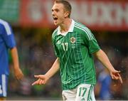 15 August 2012; Shane Ferguson, Northern Ireland, celebrates after scoring his side's first goal. Vauxhall International Challenge Match, Northern Ireland v Finland, Windsor Park, Belfast, Co. Antrim. Picture credit: Oliver McVeigh / SPORTSFILE