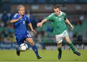 15 August 2012; Shane Ferguson, Northern Ireland, in action against Kari Arkivuo, Finland. Vauxhall International Challenge Match, Northern Ireland v Finland, Windsor Park, Belfast, Co. Antrim. Picture credit: Oliver McVeigh / SPORTSFILE