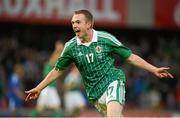 15 August 2012; Northern Ireland's Shane Ferguson celebrates after scoring his side's first goal. Vauxhall International Challenge Match, Northern Ireland v Finland, Windsor Park, Belfast, Co. Antrim. Picture credit: Oliver McVeigh / SPORTSFILE