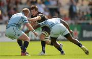 18 August 2012; Ali Birch, Ulster, is tackled by Dan Cole, left, and Verenik Goneva, Leicester Tigers. Pre-Season Friendly, Ulster v Leicester Tigers, Ravenhill Park, Belfast, Co. Antrim. Picture credit: Oliver McVeigh / SPORTSFILE