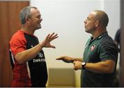 18 August 2012; Mark Anscombe, Ulster Head Coach, and Richard Cockerill, Leicester Tigers, in conversation in the press room after the game. Pre-Season Friendly, Ulster v Leicester Tigers, Ravenhill Park, Belfast, Co. Antrim. Picture credit: Oliver McVeigh / SPORTSFILE