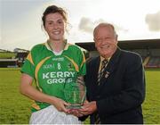 18 August 2012; Lorraine Scanlon, Kerry, is presented with the player of the match award by Pat Quill, President, Ladies Gaelic Football Association. TG4 All-Ireland Ladies Football Senior Championship Quarter-Final, Dublin v Kerry, St. Brendan's Park, Birr, Co. Offaly. Photo by Sportsfile