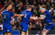 28 October 2017; Jordan Larmour, 23, of Leinster celebrates with team-mate James Tracy, right, after scoring his side's first try during the Guinness PRO14 Round 7 match between Ulster and Leinster at the Kingspan Stadium in Belfast. Photo by Ramsey Cardy/Sportsfile