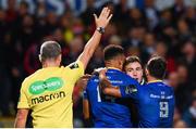 28 October 2017; Jordan Larmour of Leinster celebrates with team-mates Adam Byrne, left, and Jamison Gibson-Park, right, after scoring his side's first try during the Guinness PRO14 Round 7 match between Ulster and Leinster at the Kingspan Stadium in Belfast. Photo by Ramsey Cardy/Sportsfile
