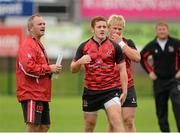 23 August 2012; Ulster head coach Mark Anscombe, along with Paddy Jackson and Luke Marshall, right, during squad training ahead of their pre-season friendly against Newcastle Falcons on Friday. Ulster Rugby Squad Training, Ravenhill Park, Belfast, Co. Antrim. Picture credit: Oliver McVeigh / SPORTSFILE