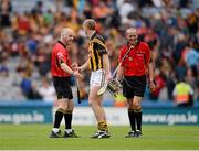 19 August 2012; Kilkenny's Henry Shefflin, who scored 11 points, shakes hands with linesman John Sexton as  match referee Cathal McAllister leaves the field after the game. GAA Hurling All-Ireland Senior Championship Semi-Final, Kilkenny v Tipperary, Croke Park, Dublin. Picture credit: Ray McManus / SPORTSFILE