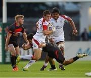 24 August 2012; Craig Gilroy, Ulster, is tackled by Tane Tu’ipulotu, Newcastle Falcons. Pre-Season Friendly, Ulster v Newcastle Falcons, Ravenhill Park, Belfast, Co. Antrim. Picture credit: Oliver McVeigh / SPORTSFILE