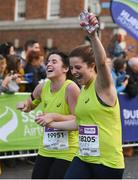29 October 2017; Aoife Kent, left, and Mary Tymlin finish the SSE Airtricity Dublin Marathon 2017 in Dublin City. 20,000 runners took to the Fitzwilliam Square start line to participate in the 38th running of the SSE Airtricity Dublin Marathon, making it the fifth largest marathon in Europe. Photo by Cody Glenn/Sportsfile