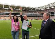 26 August 2012; Nicola and Martin McBride, from Kerrykeel, Co. Donegal, who were the 1,000,000th GAA Championship Spectator of 2012 with GAA President Liam Ó Néill. The 1,000,000th Championship Spectator of 2012, Croke Park, Dublin. Picture credit: Ray McManus / SPORTSFILE