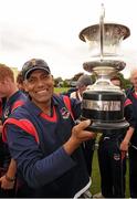 1 September 2012; The Hills captain Naseer Shoukat celebrates with the Bob Kerr Cup after the match. Bob Kerr Irish Senior Cup Final, Merrion v The Hills, Clontarf Cricket Club, Castle Avenue, Clontarf, Dublin. Photo by Sportsfile