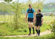 3 September 2012; Leinster's Devin Toner, left, and Gordon D'Arcy arrive for squad training ahead of their Celtic League, Round 2, match against Newport Gwent Dragons on Saturday. Leinster Rugby Press Conference, Thornfields, UCD, Belfield, Dublin. Picture credit: Stephen McCarthy / SPORTSFILE