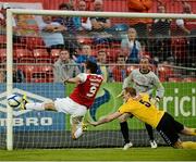 3 September 2012; Christy Fagan, St Patrick's Athletic, in action against Stewart Greacen, Derry City. Airtricity League Premier Division, St Patrick's Athletic v Derry City, Richmond Park, Dublin. Picture credit: David Maher / SPORTSFILE