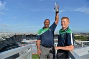 4 September 2012; Ireland coach Phil Simmons, left, holds up the ICC T20 World Cup qualifier trophy alongside Kevin O'Brien before a press conference ahead of their sides's ICC World Twenty 20 Group B game against Australia on Wednesday 19th September. Ireland Cricket Press Conference, Etihad Skyline, Croke Park, Dublin. Picture credit: Barry Cregg / SPORTSFILE